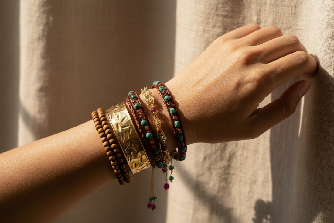 Bracelets artisanaux empilés sur un poignet — guide des tailles de bracelets