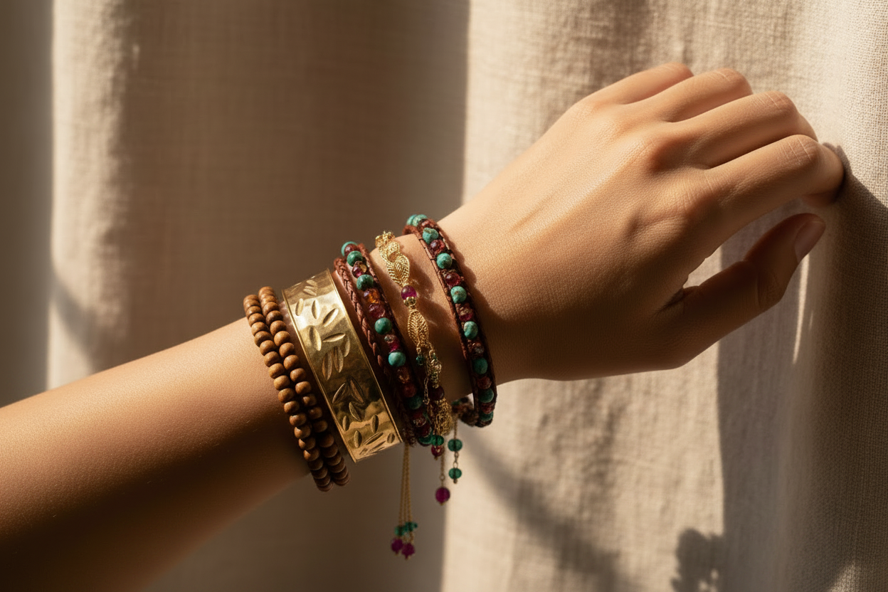 Bracelets artisanaux empilés sur un poignet — guide des tailles de bracelets