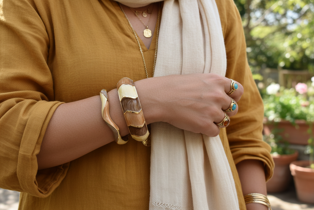 Bracelet jonc Anna acier inoxydable beige - Photo lifestyle