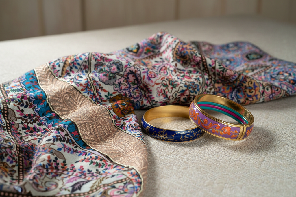 Kashmiri stole in Bamboo Silk - Paisley pattern and embroidery