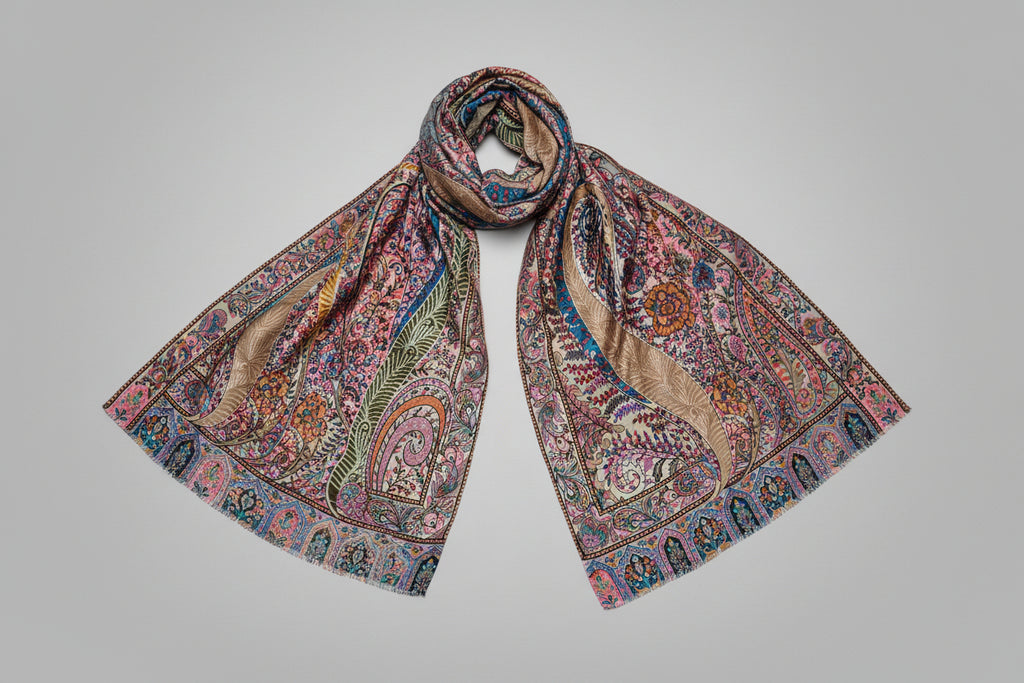 Kashmiri stole in Bamboo Silk - Paisley pattern and embroidery
