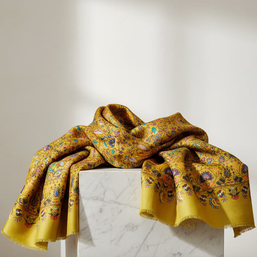 Étole Kashmiri motif floral jaune - Vue d'ensemble pliée