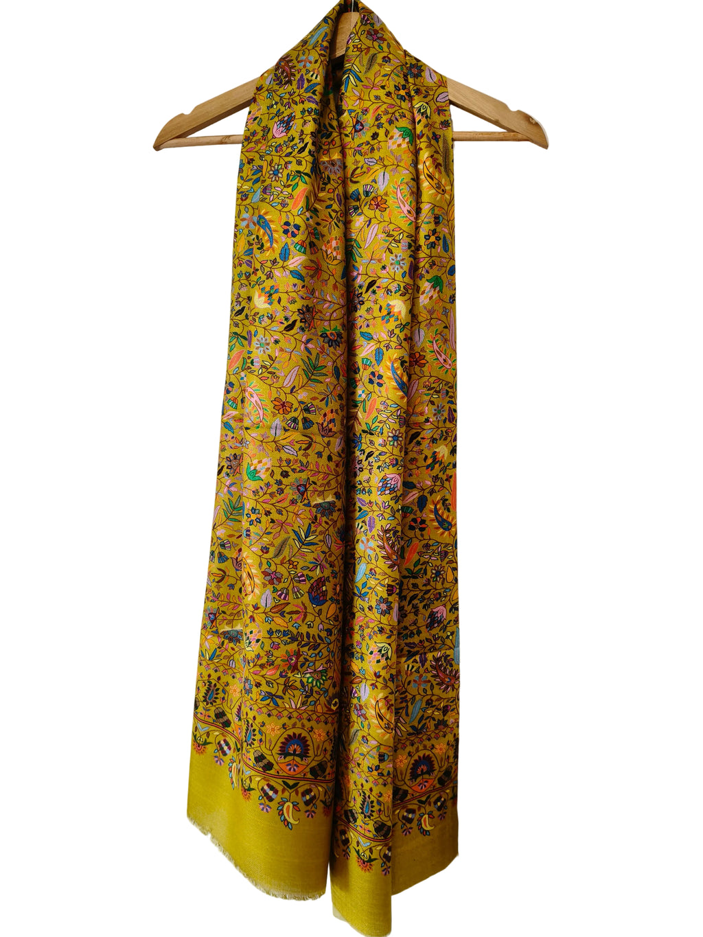 Étole Kashmiri bamboo silk jaune - Détail motifs floraux et paisley
