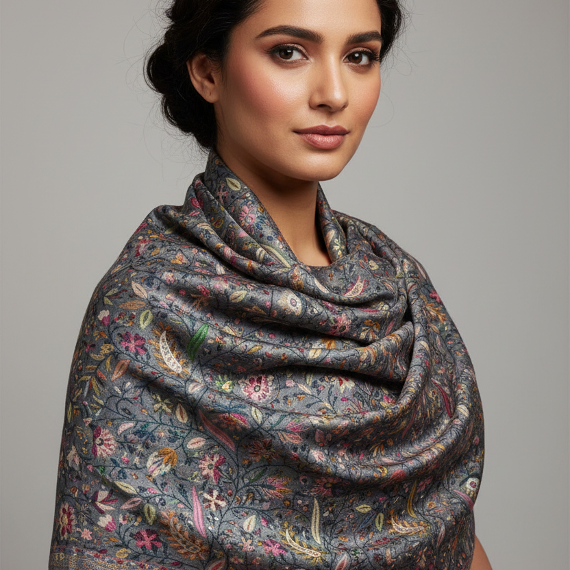 Étole Kashmiri bamboo silk paisley gris - Photo portée de profil