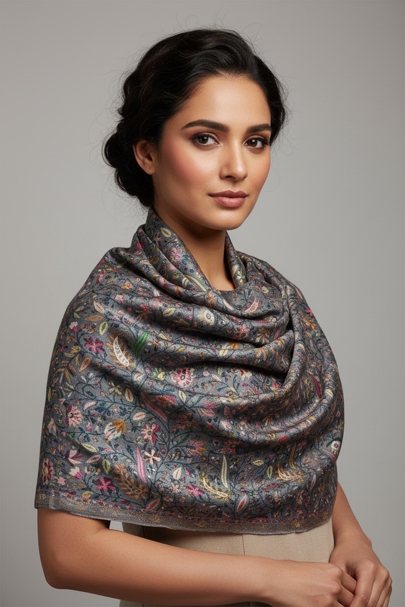Étole Kashmiri en Bamboo Silk - Motif floral et paisley