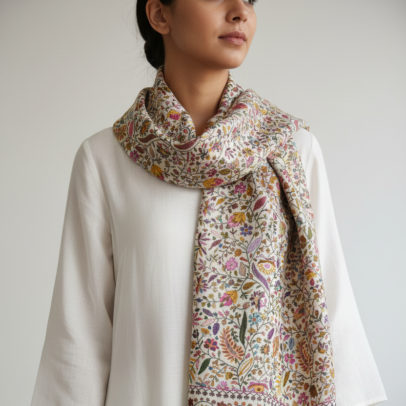 Étole Kashmiri floral paisley Blanc - Photo portée lifestyle