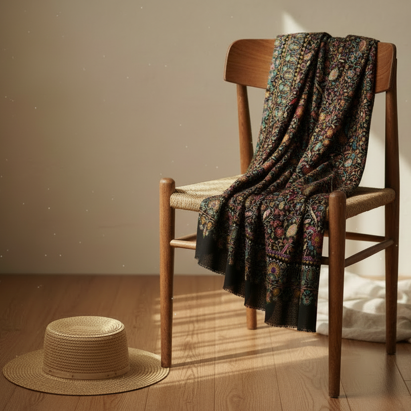 Étole Kashmiri floral paisley bamboo silk noir - Image storytelling