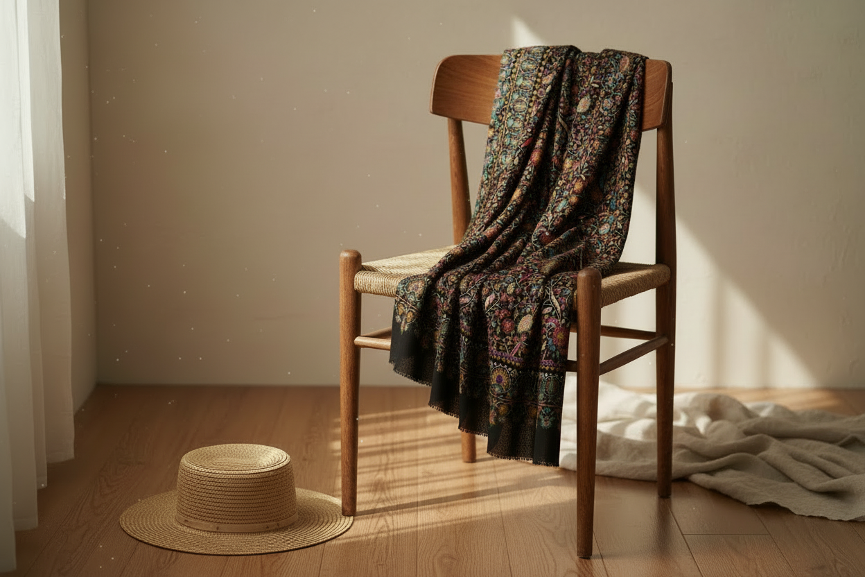 Étole Kashmiri en Bamboo Silk - Motif floral et paisley