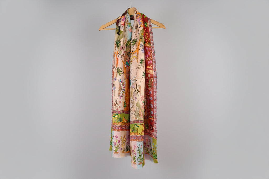 Étole bamboo silk Kalamkari animaux - Vue d'ensemble