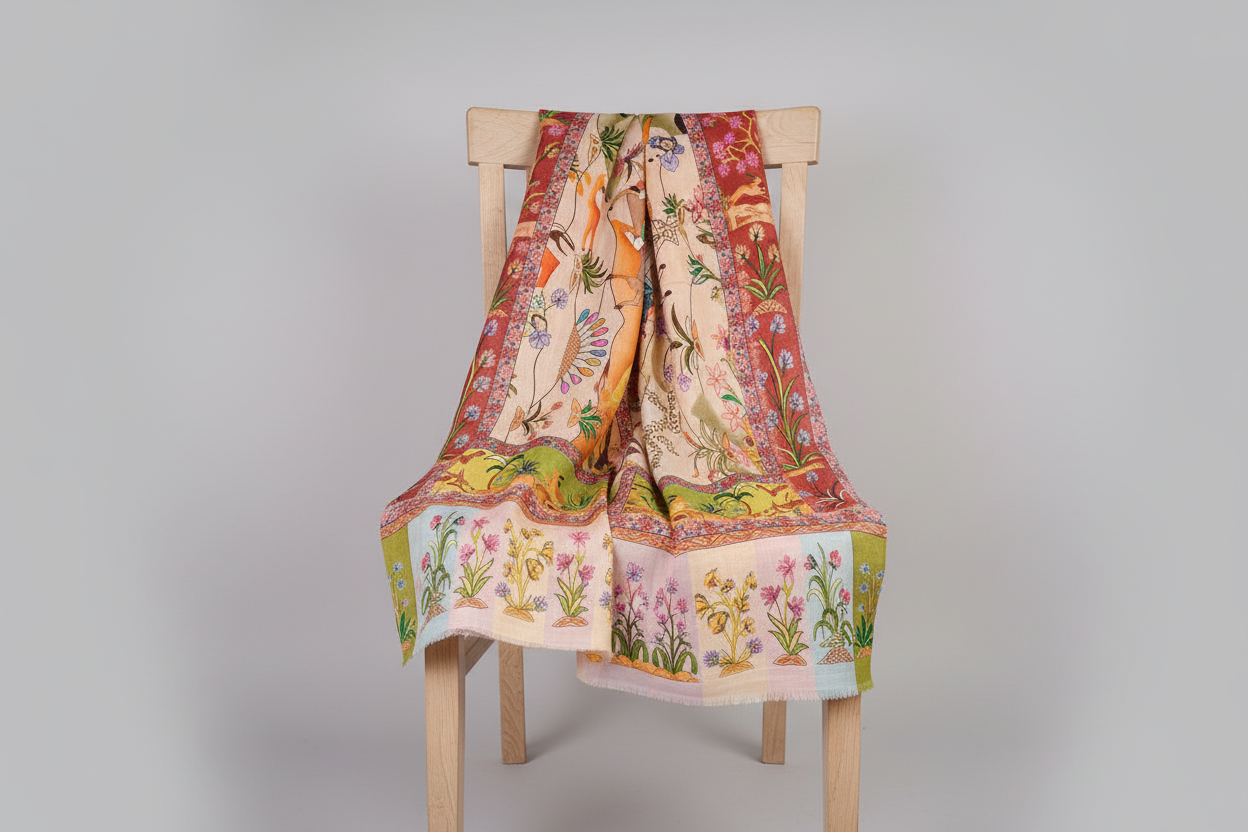 Étole en Bamboo Silk - Motif d'inspiration Kalamkari Héritage