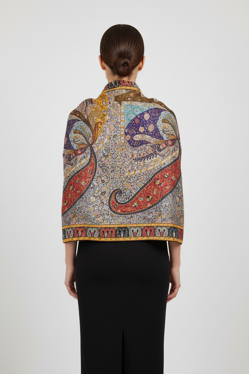 Étole bamboo silk Kalamkari - Détail motifs traditionnels Vue de dos