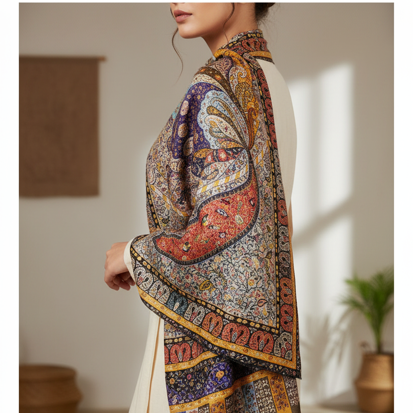 étole foulard kalamkari motif paisley jaune bleu rouge 