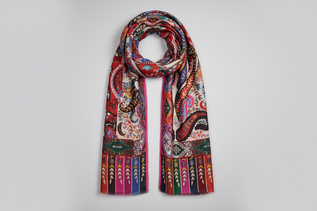 Étole en Bamboo Silk - Motif d'inspiration Kalamkari Héritage