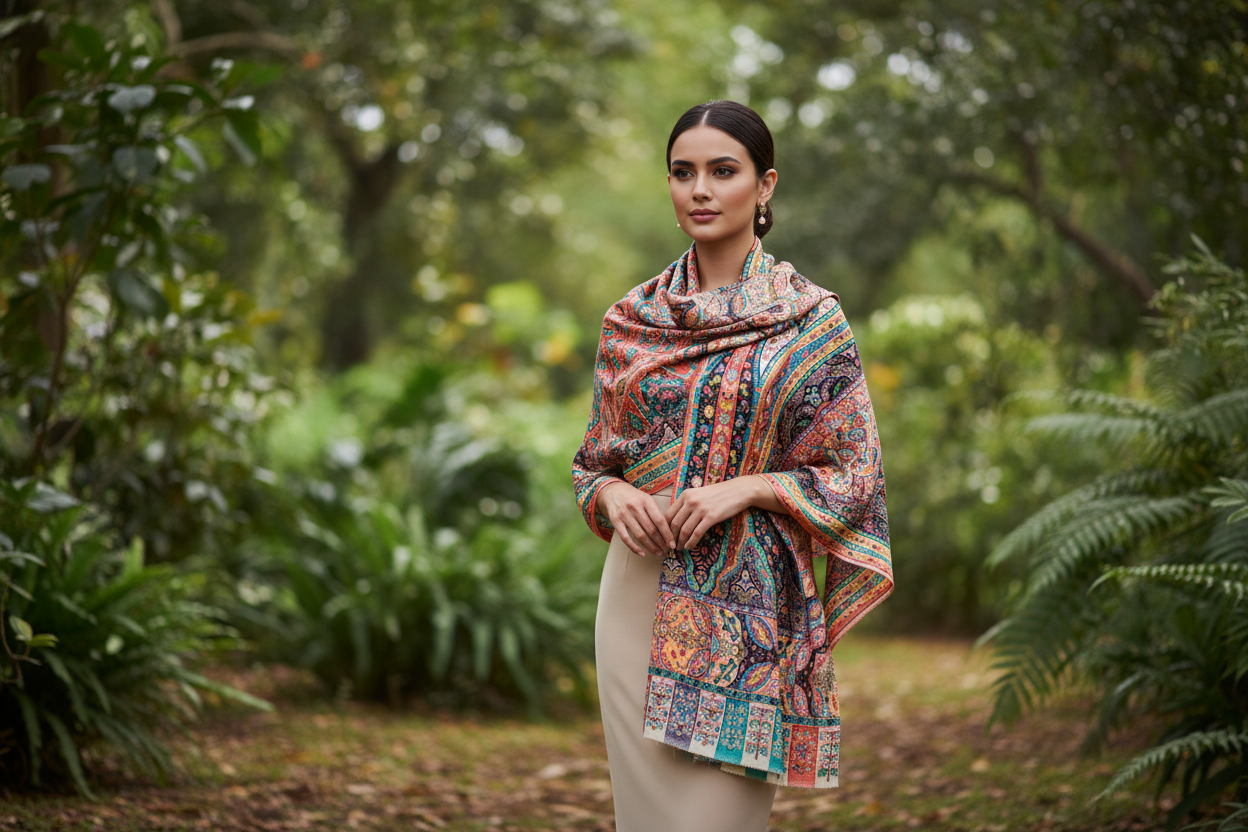 Étole en Bamboo Silk - Motif d'inspiration Kalamkari Héritage