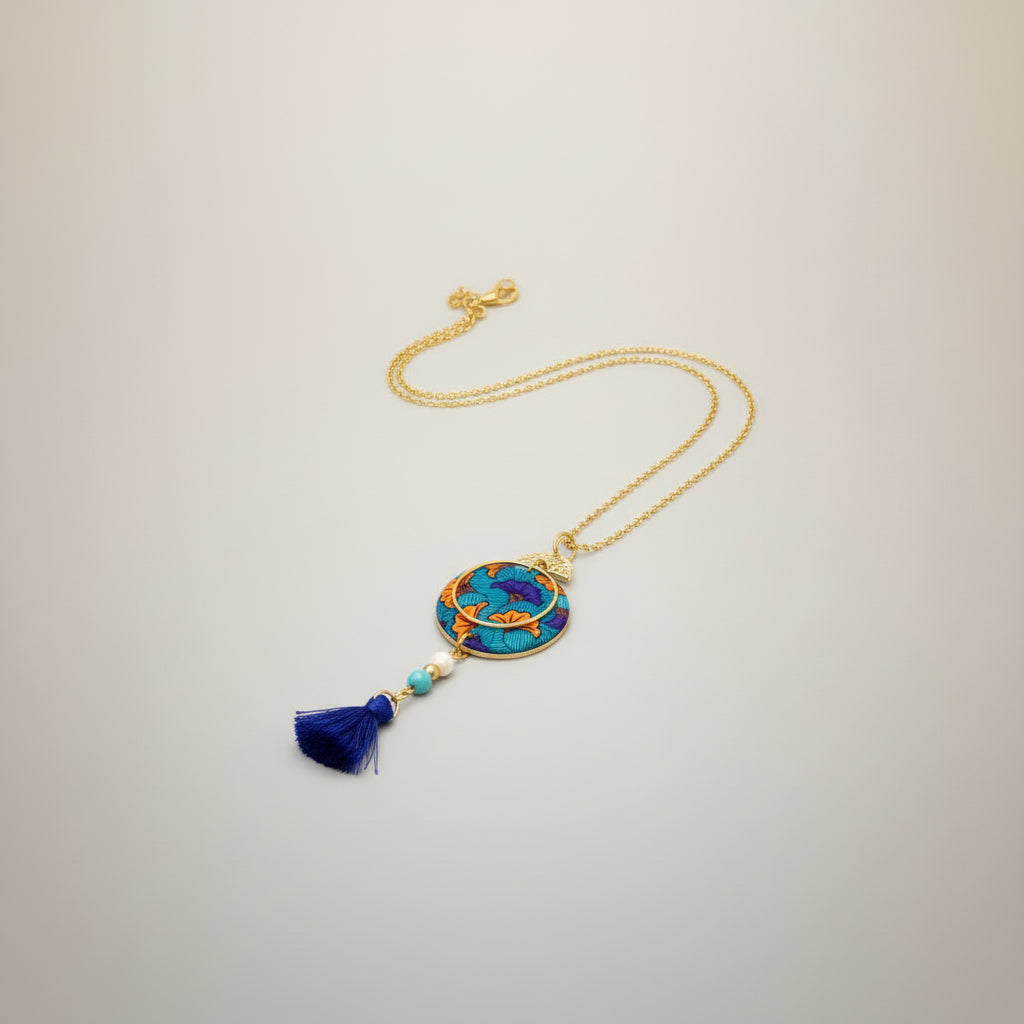 collier sautoir ginkgo bleu orange résine acier doré