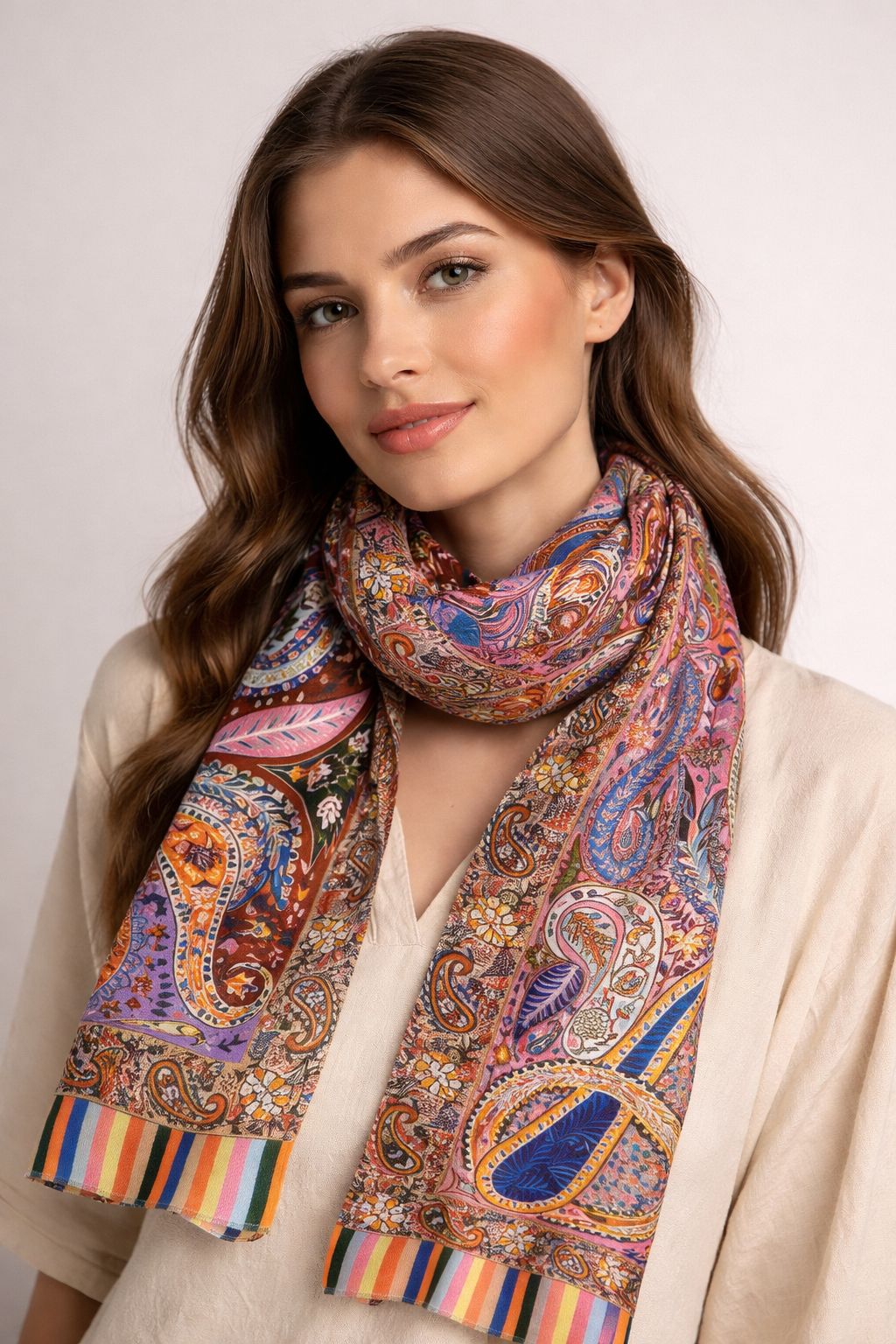 Kashmiri stole in Bamboo Silk - Paisley pattern and embroidery