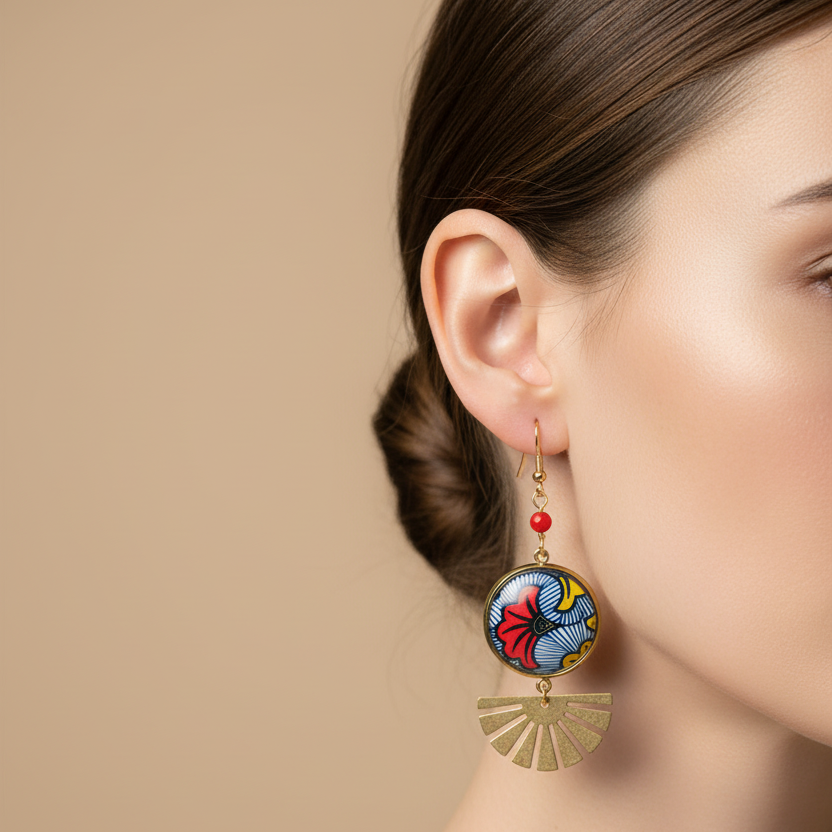 boucles d'oreilles jaune rouge résine acier doré portées