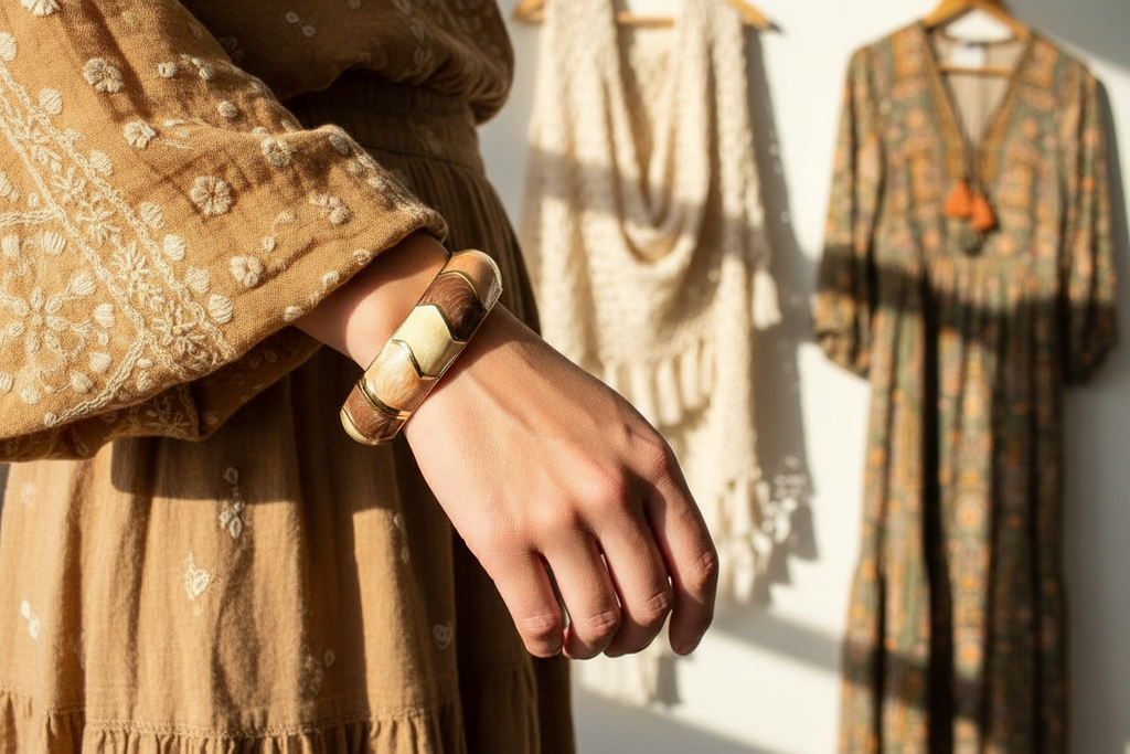 Bracelet jonc émaillé Nina beige - Photo portée poignet