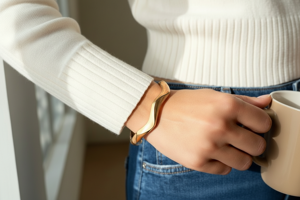 Bracelet jonc émaillé Anna beige - Photo portée poignet