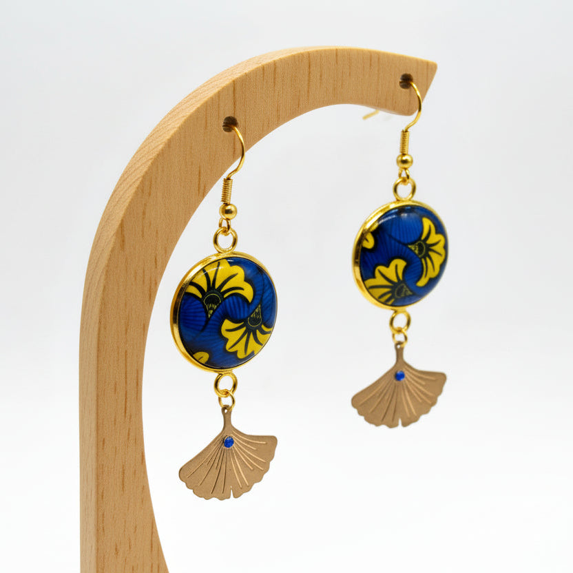 boucles d'oreilles bleu jaune résine acier doré