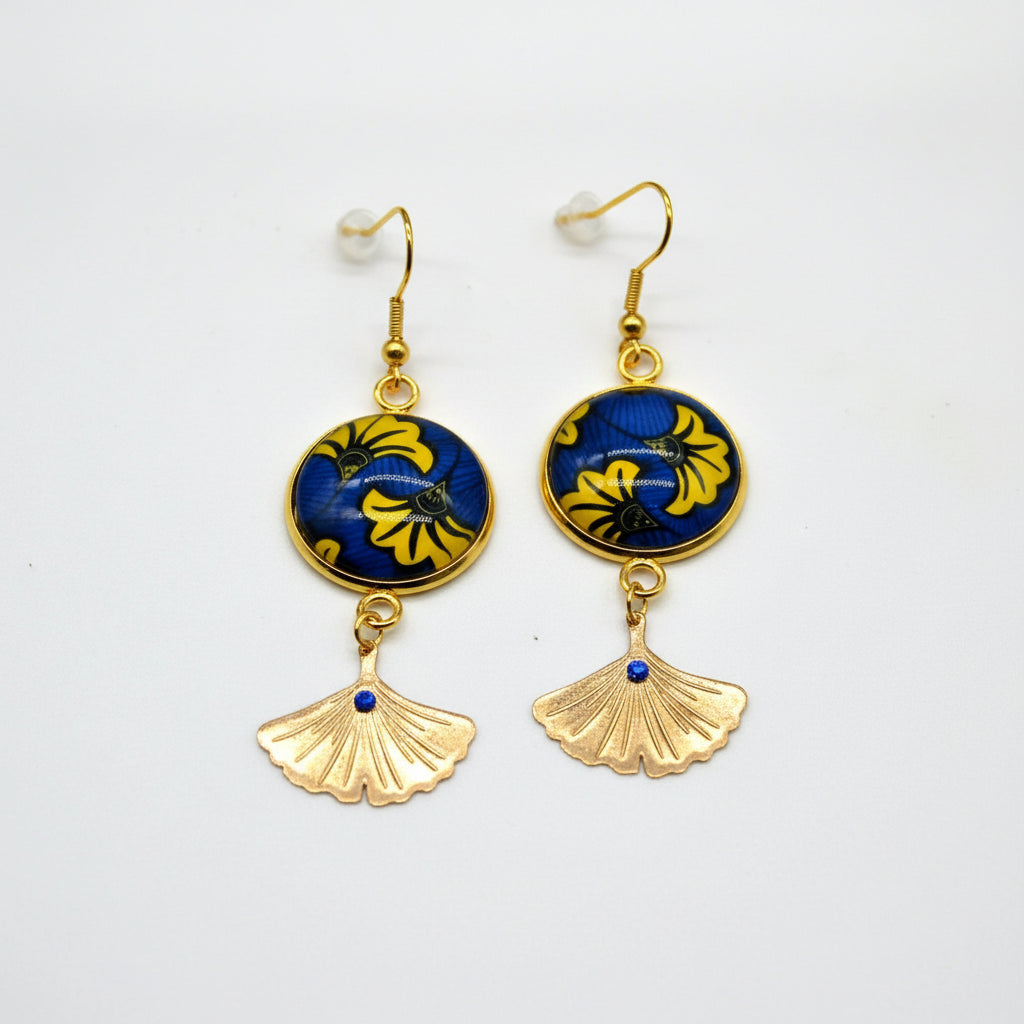 boucles d'oreilles ginkgo bleu jaune