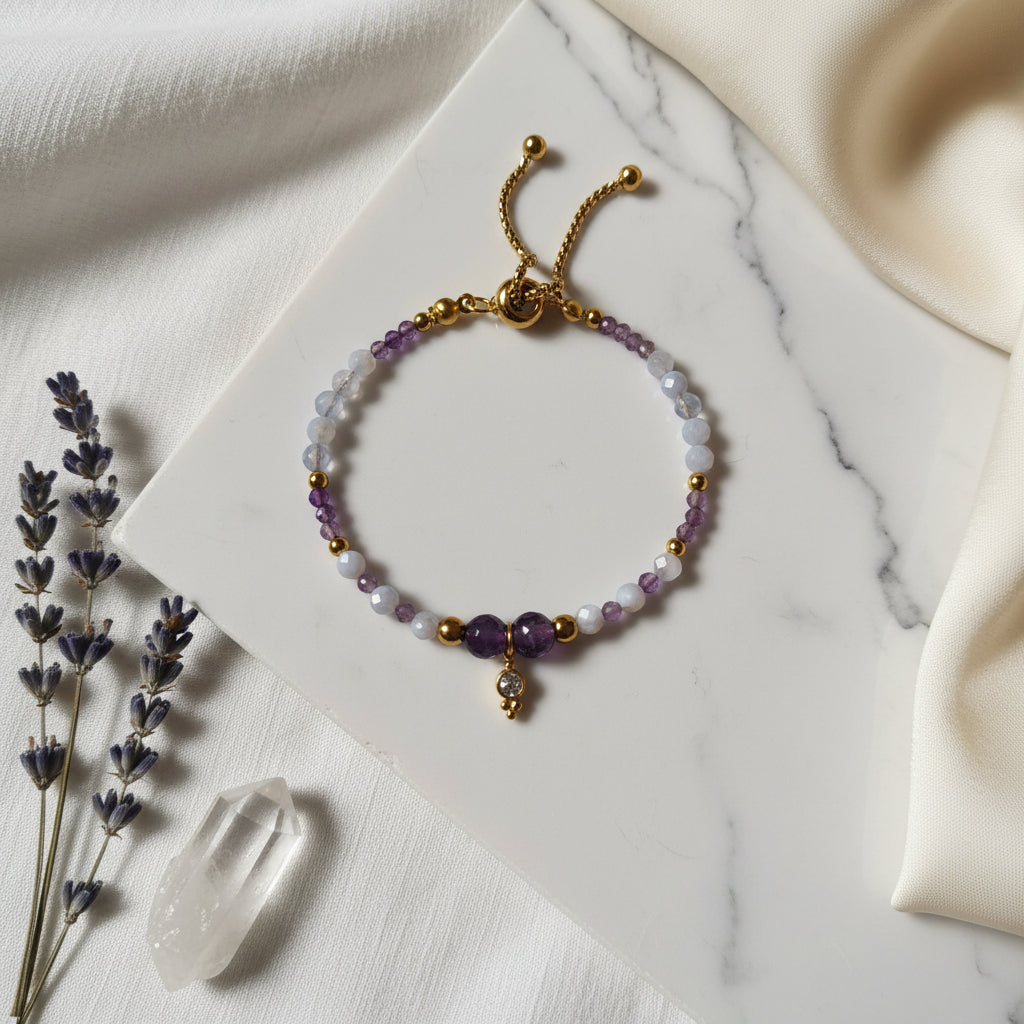 Bracelet améthyste et agate bleue aux reflets mauves