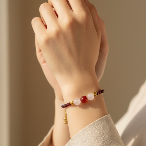 Bracelet Artisanal Rose & Grenat - Quartz Rose, Cornaline & Grenat