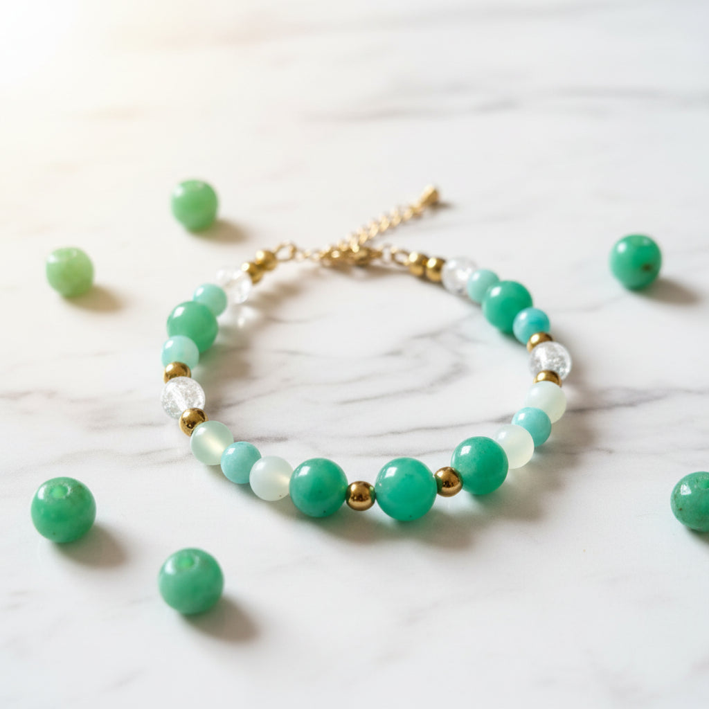Bracelet aventurine, amazonite, jade de chine, cristal de roche et hématite dorée