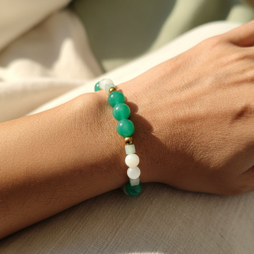 Bracelet porté en aventurine, jade mat de chine, jaspe impérial et hématite dorée