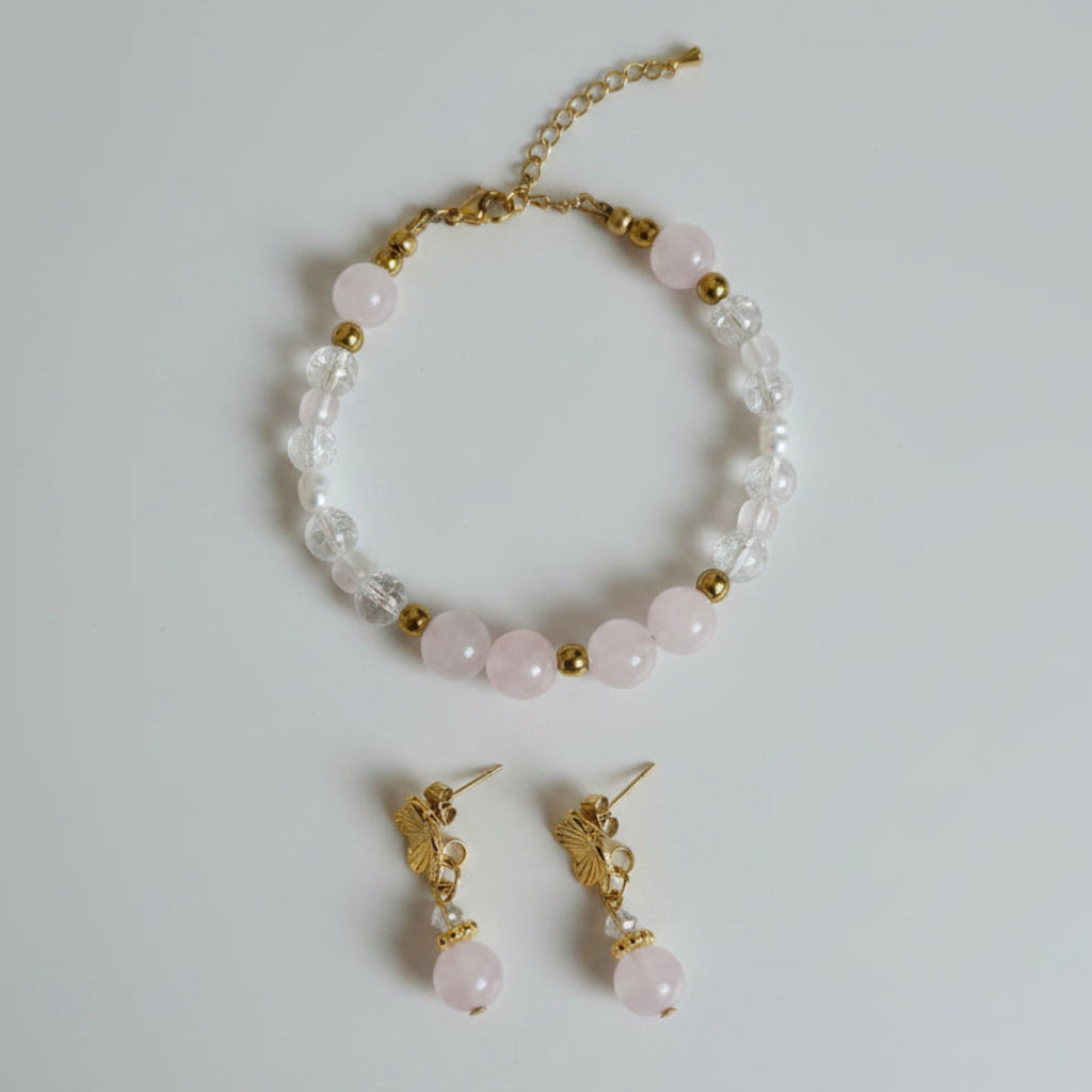Bracelet et boucles d'oreille en quartz rose, cristal de roche craquelé, perles d'eau douce et hématite