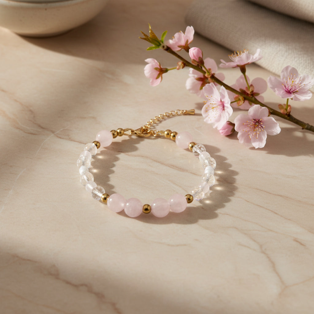 Bracelet quartz rose, cristal de roche et perles d'eau douce