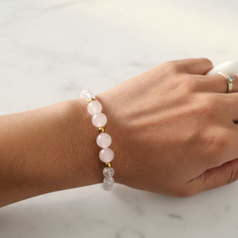 Bracelet fait main en quartz rose et cristal de roche