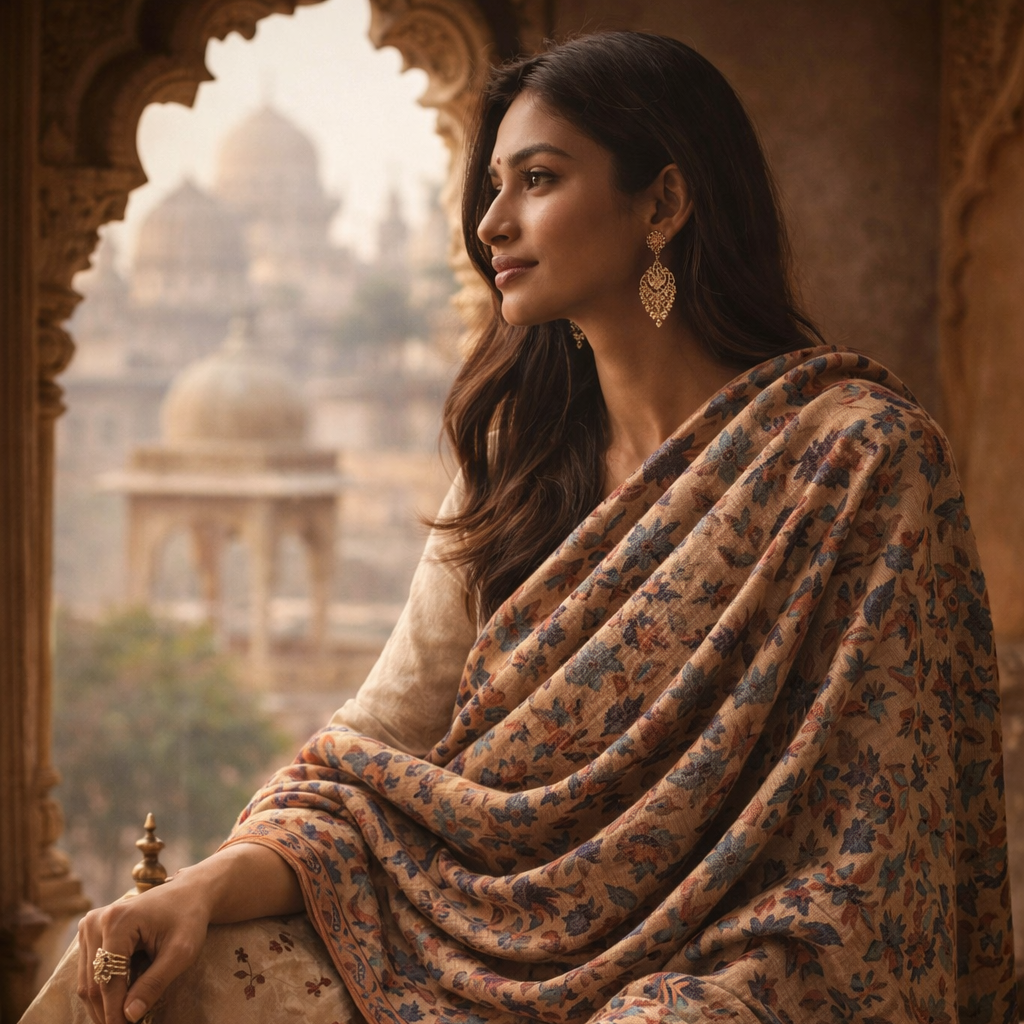 Châle Kashmiri bamboo silk motifs traditionnels - Vue principale