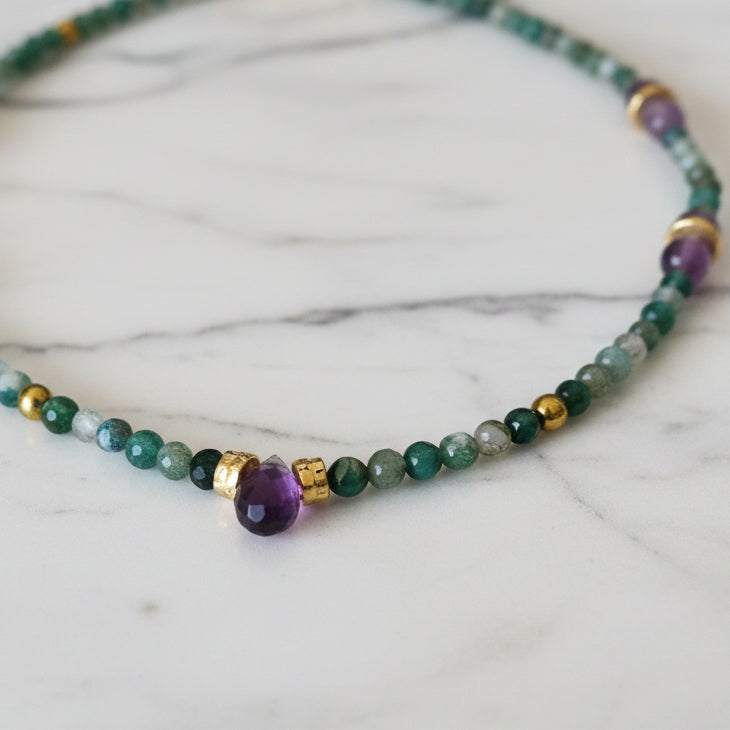 Collier agate mousse et améthyste