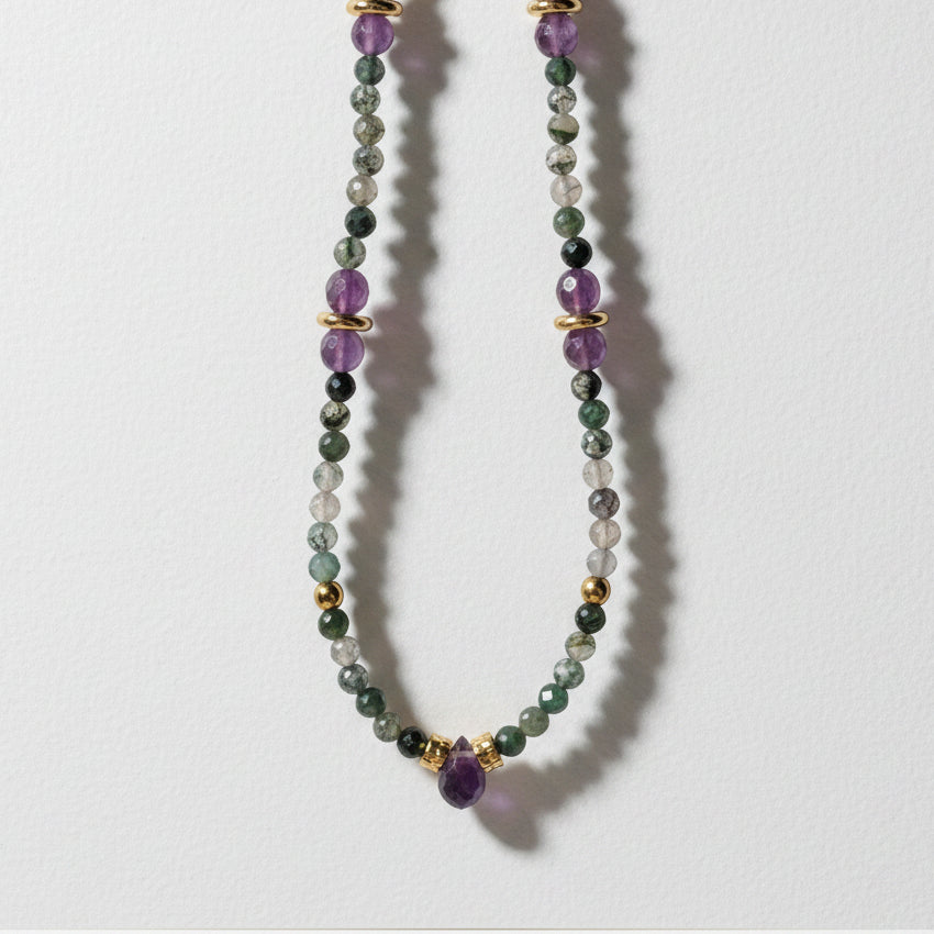 Collier améthyste, agate mousse et pendentif