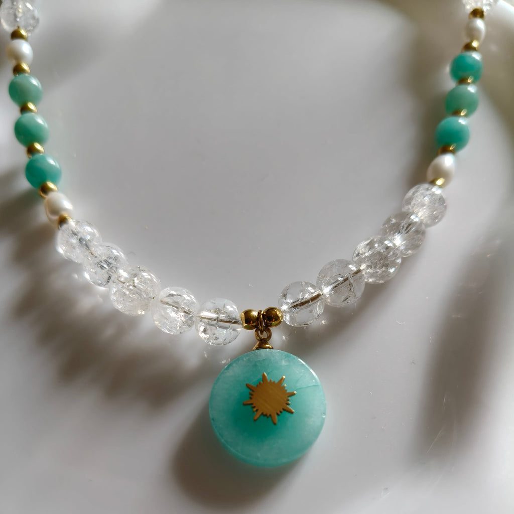 Collier amazonite, cristal de roche, perles