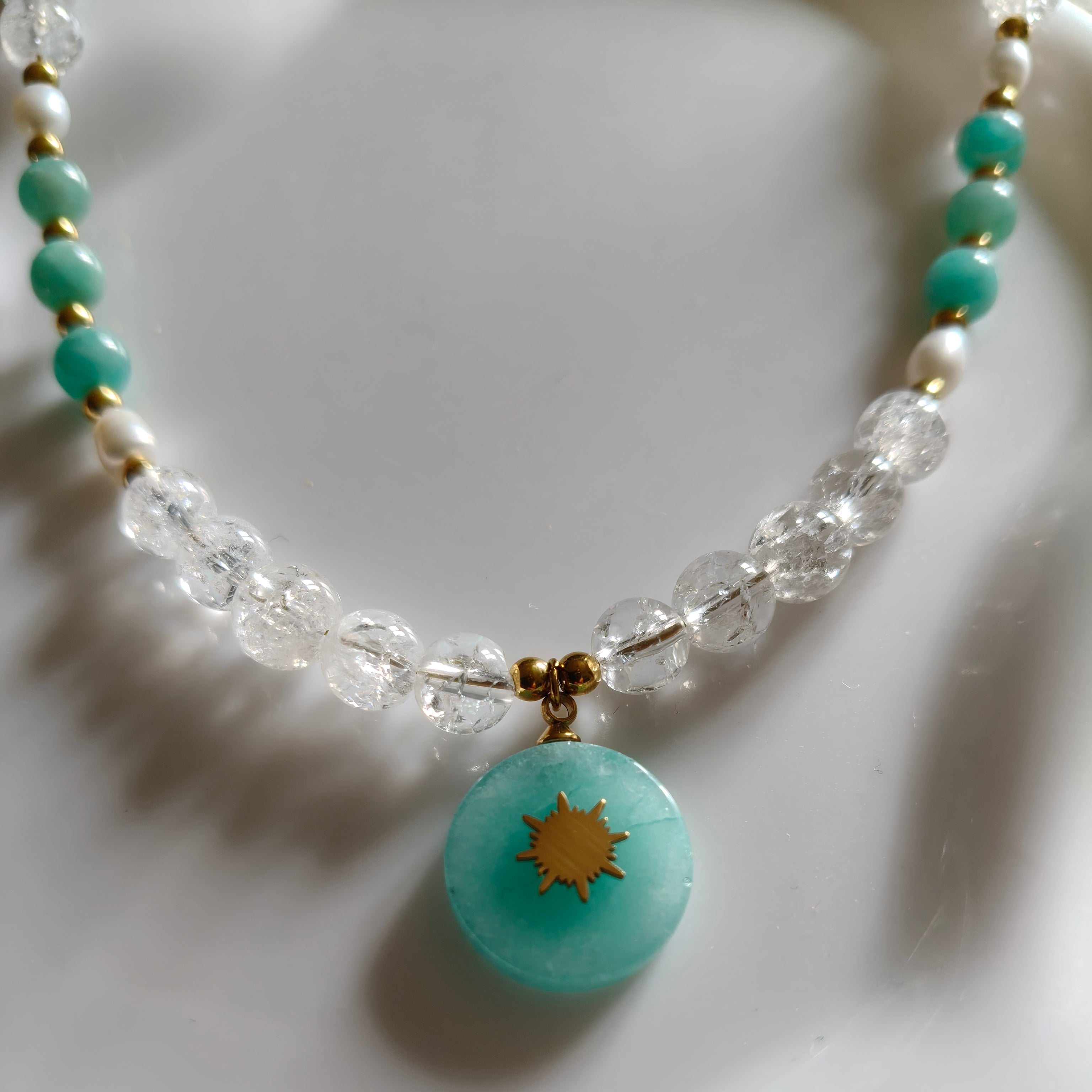 Collier amazonite, cristal de roche, perles