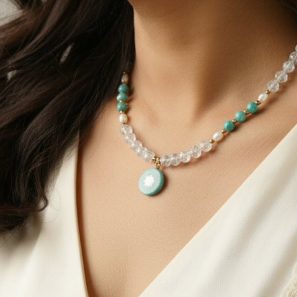 Collier amazonite, perles, cristal de roche craquelé