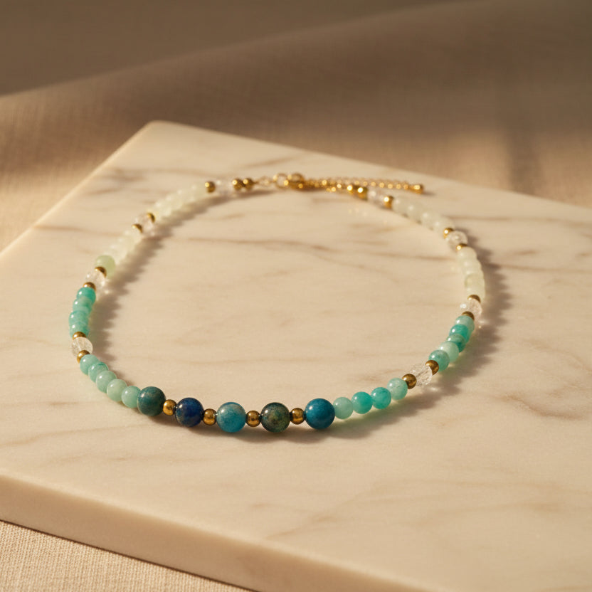 Collier apatite, amazonite, jade de chine et hématite dorée
