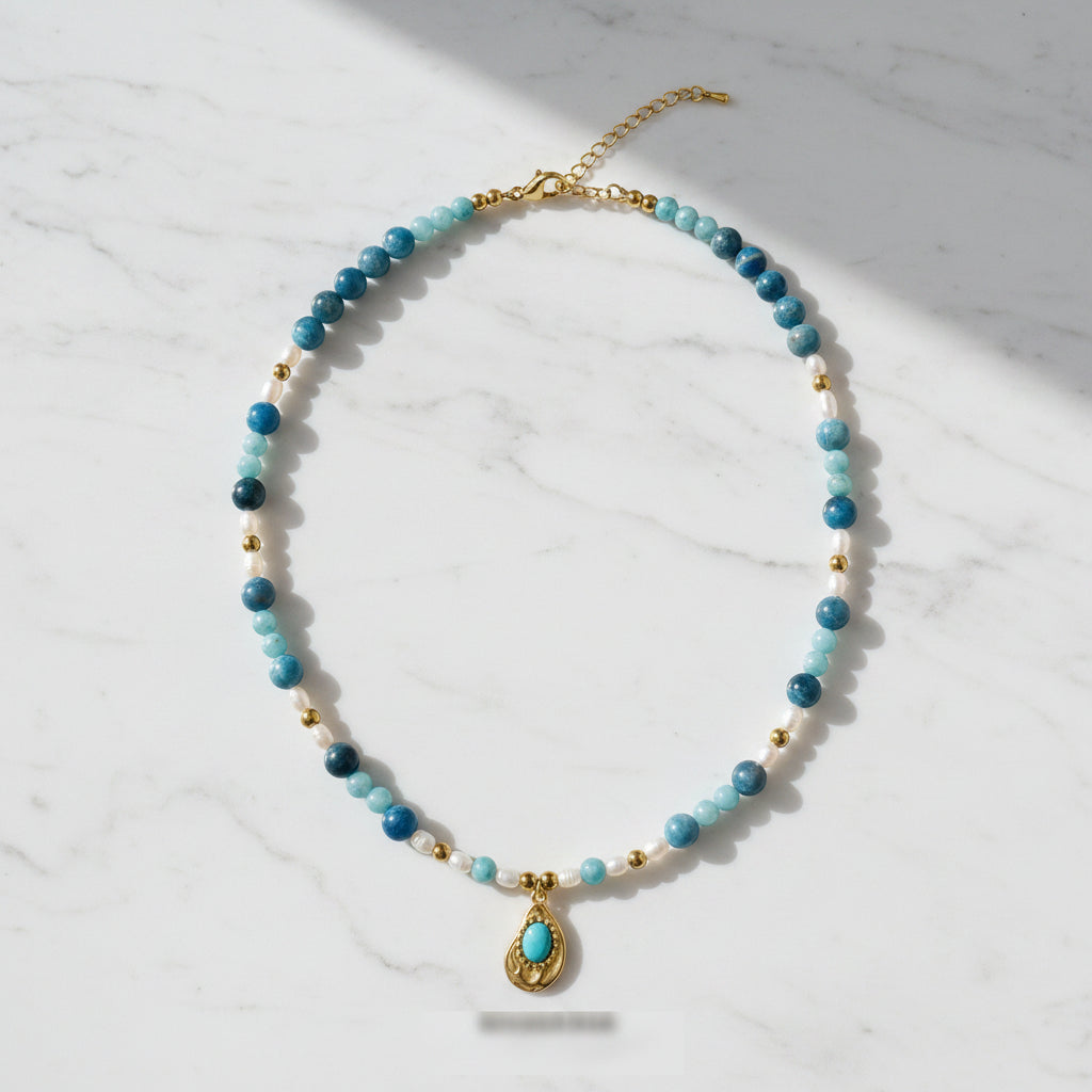 Collier fait main en apatite, amazonite, perles d'eau douce et hématite dorée
