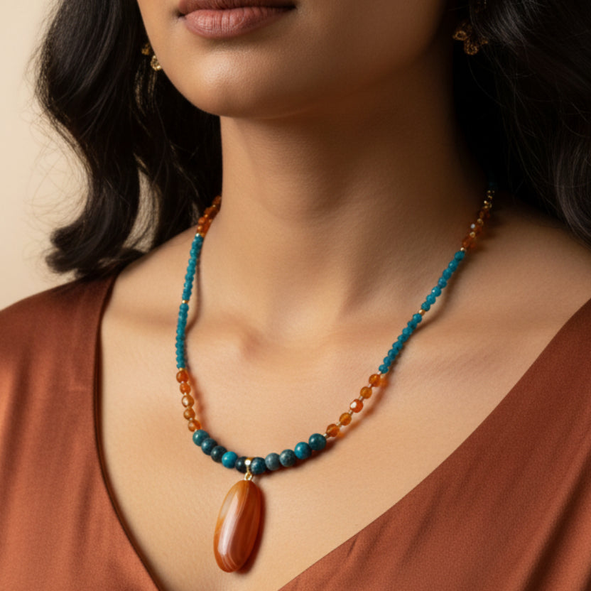 Collier artisanale cornaline et apatite
