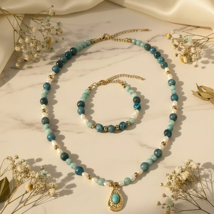 Collier et bracelet en apatite, amazonite, perles d'eau douce et hématite dorée