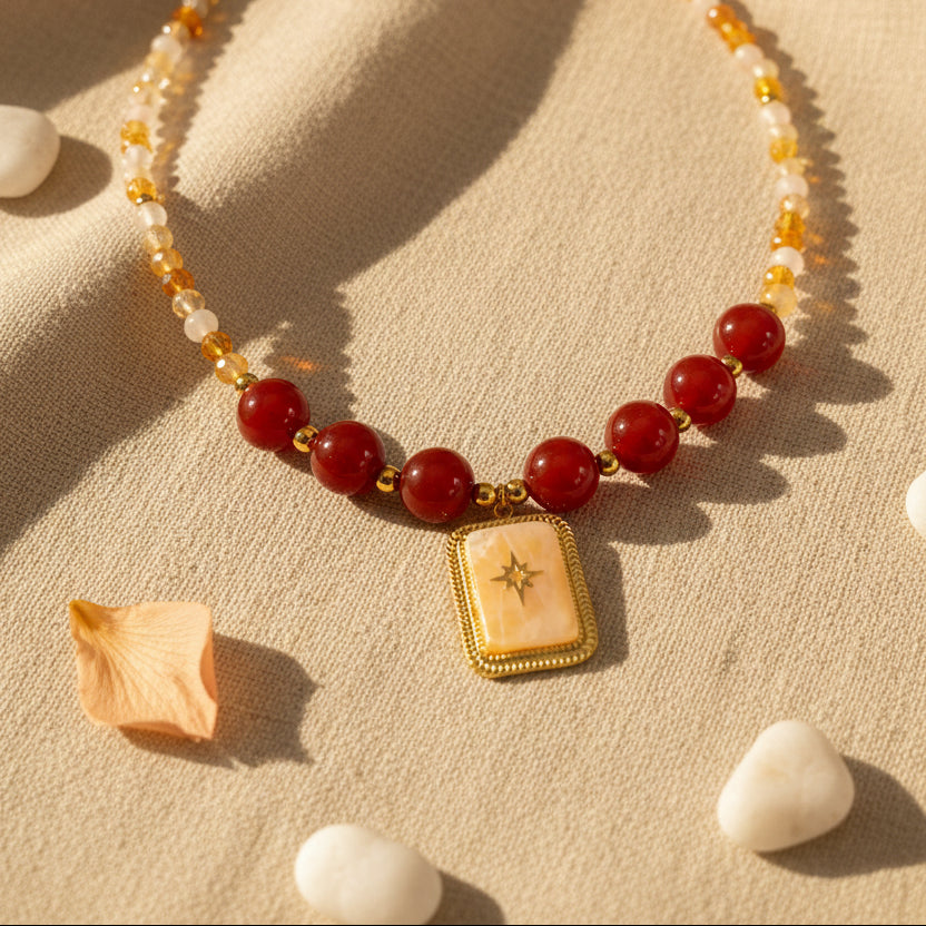 Collier cornaline quartz rose et pendentif