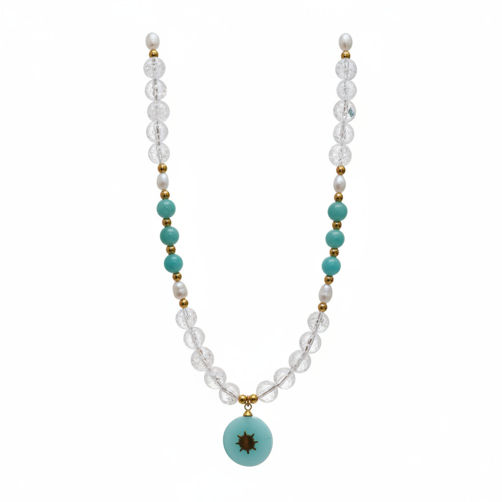 Collier cristal de roche craquelé, amazonite, perles