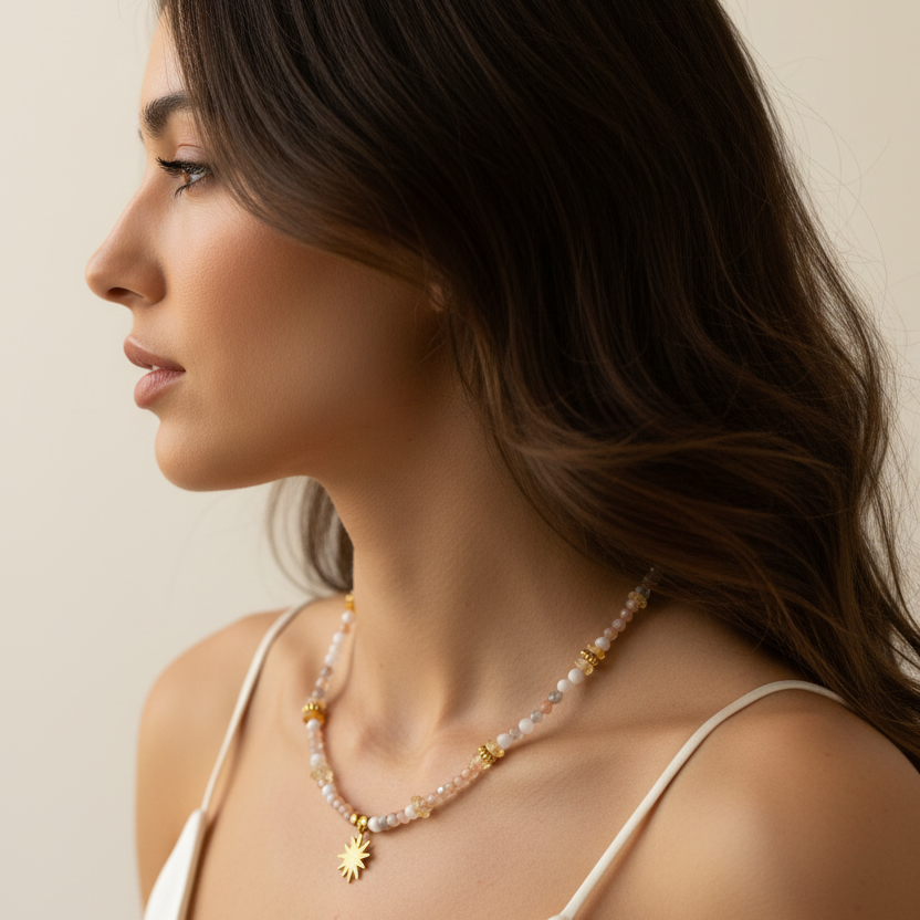 Collier pierre de lune et citrine pendentif soleil