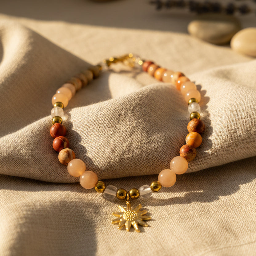 Collier pierre de soleil, quartz rose et jaspe impérial