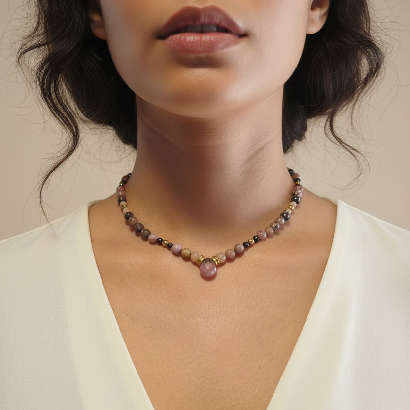 Collier rhodonite, pierre de soleil et spinelle noire facettée
