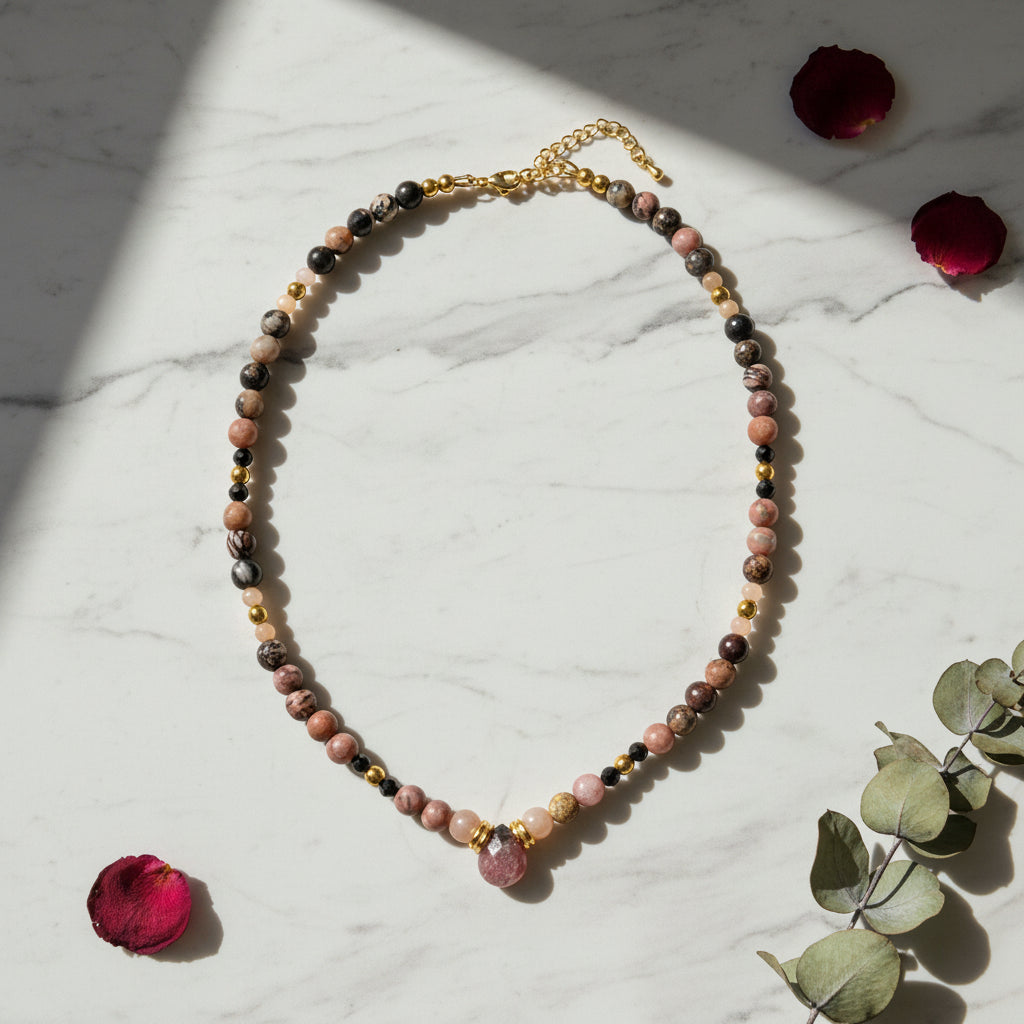 Collier rhodonite, pierre de soleil et spinelle noire