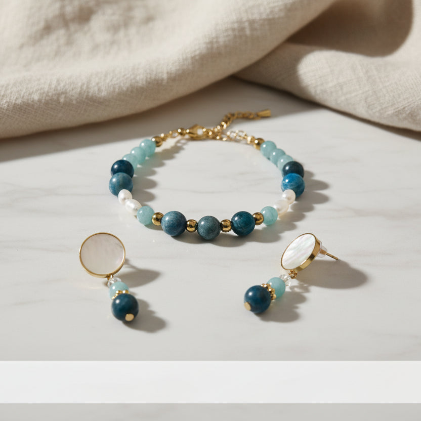 Duo bracelet et boucles d'oreille apatite, amazonite, perles d'eau douce et hématite dorée