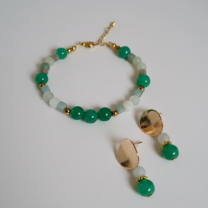Duo de bracelet et boucles d'oreille en aventurine, jade mat de chine et jaspe impérial